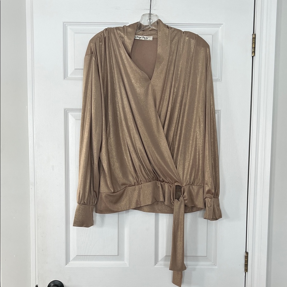 Metallic Taupe Wrap Blouse with Tie Detail